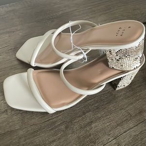 White Reptile Skin Block Mid Heels